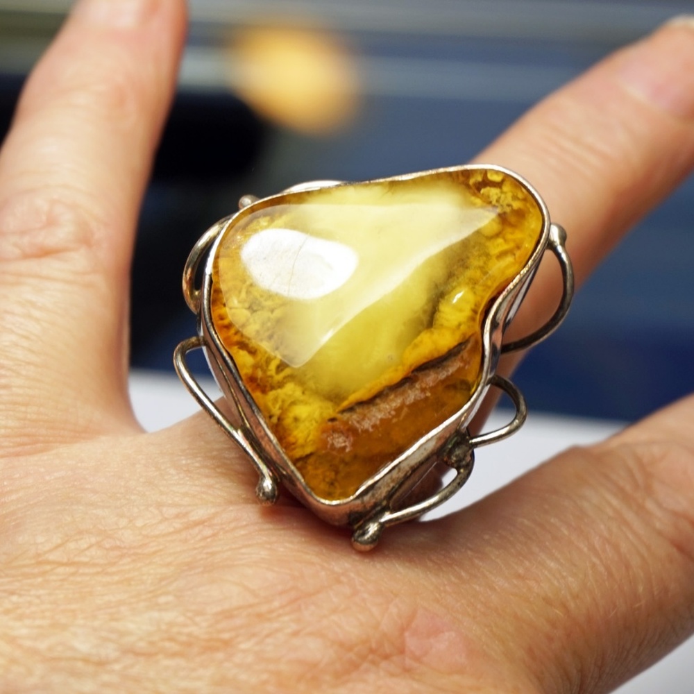Bold Raw Amber Silver Ring Adjustable Unique - image 5